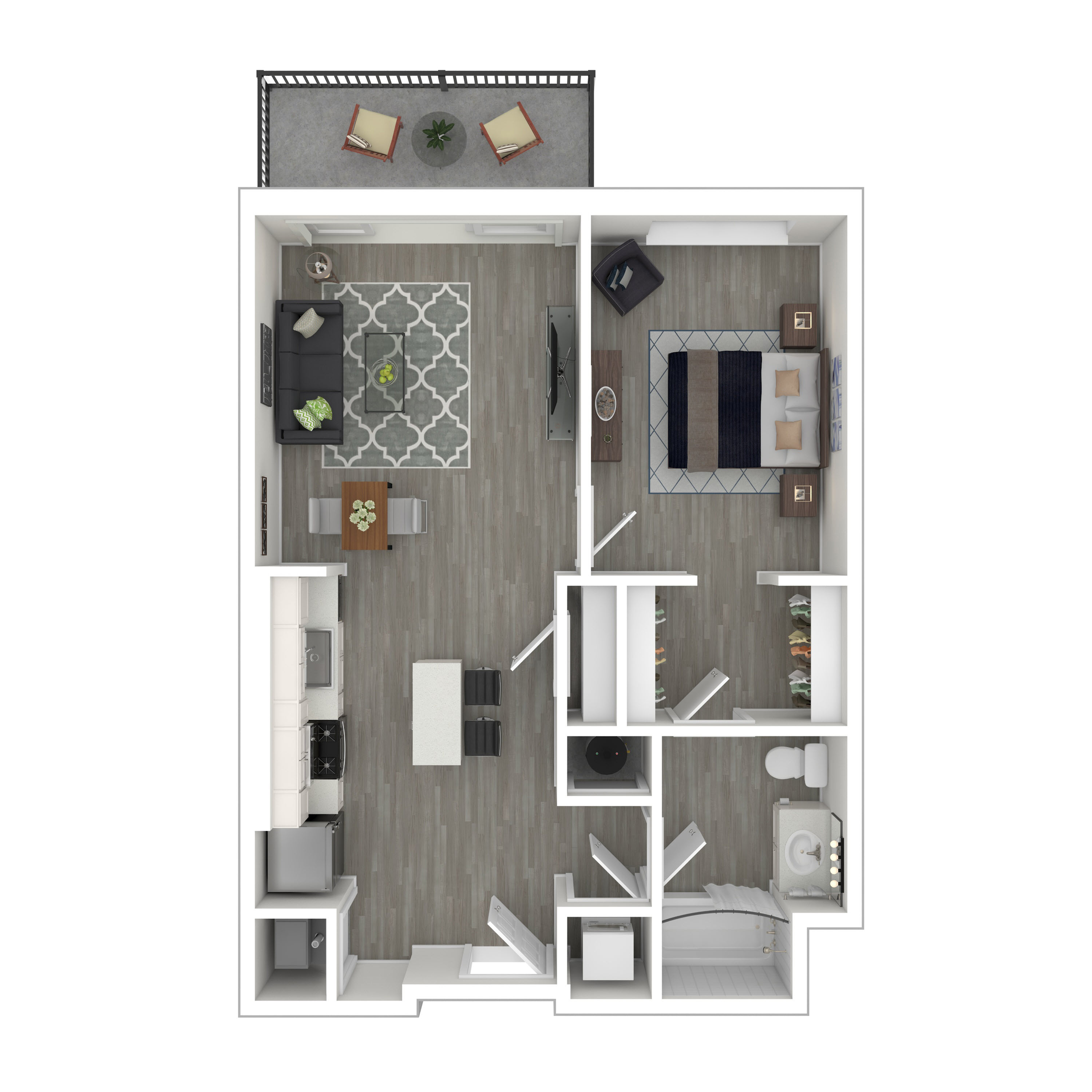 Floor plan for 1 bed, 1 bath, 723 sqft